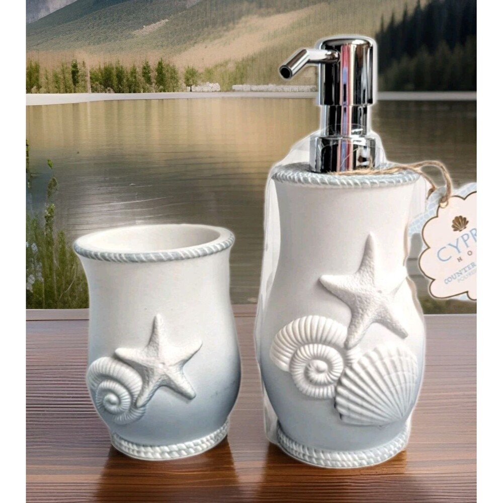 Cyprvs Seashell Soap Dispenser Tumbler Starfish Blue White Polyresin Bath Gift